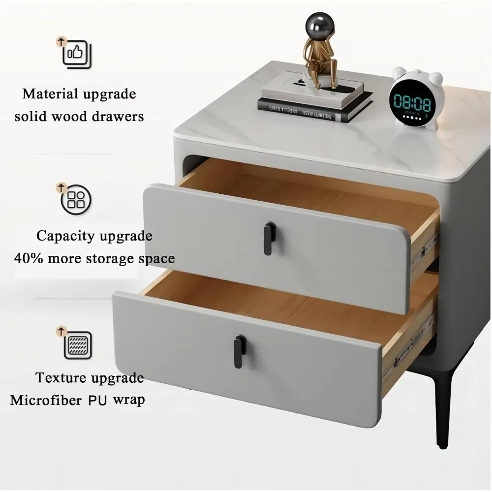 Elegante comodino a doppio cassetto con copertura in microfibra PU e supporti in acciaio inossidabile