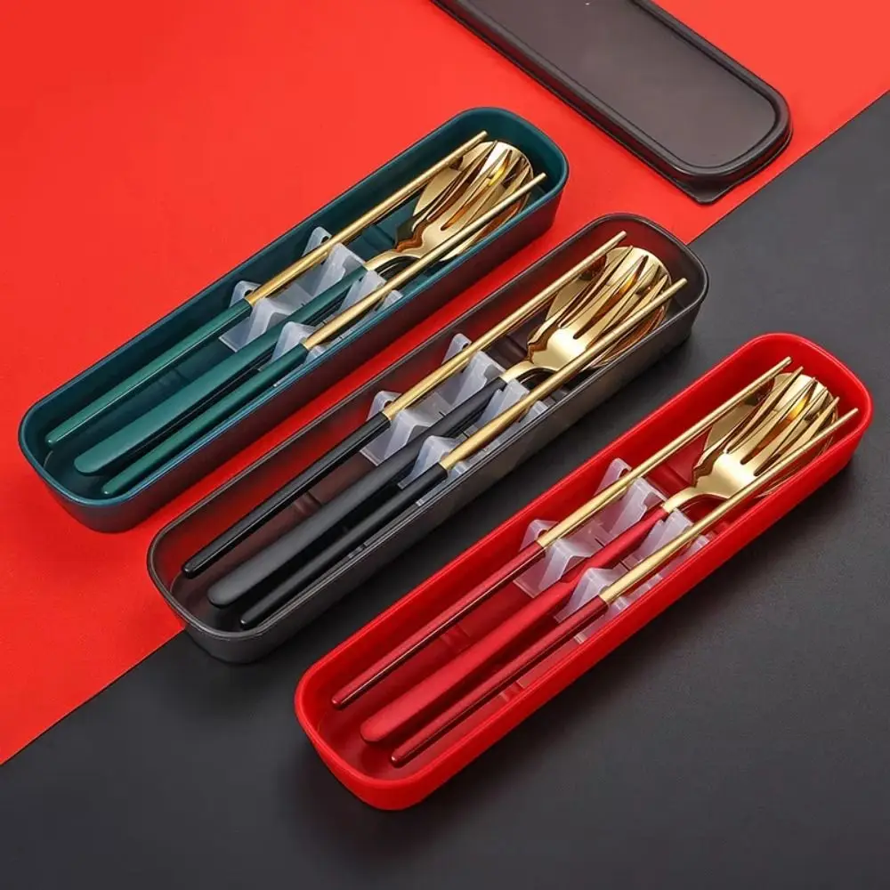 

3 in 1 Tableware Set Silver/Gold Color Rust-proof Forks and Spoon Chopsticks Set Portable with Packing Box Travel Cutlery Set
