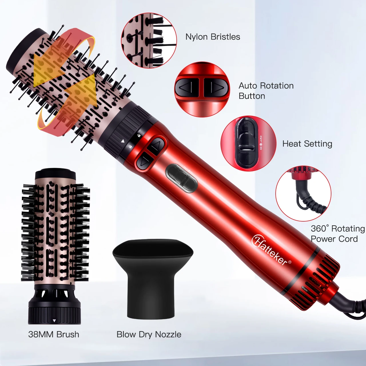Hatteker EU 3-Head Hot Air Brush Hair Dryer Strong Wind Electric Straightener Curler Roller Comb Blower Styling Tool for Women