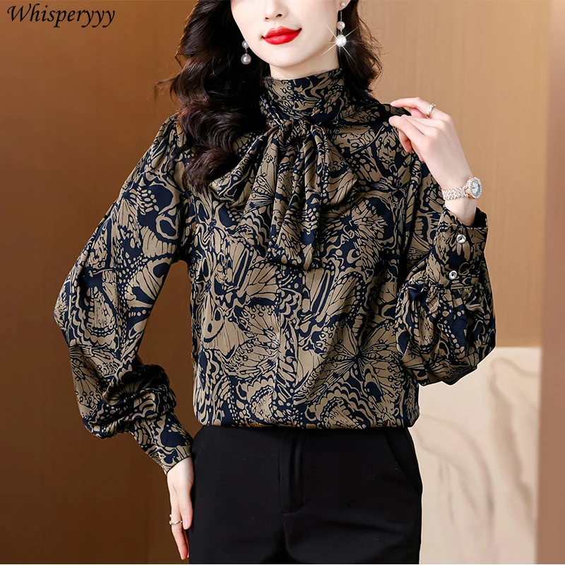 Elegant Pullover Shirt Women Clothes Spring New Loose Temperament Blouse Printed Tops Female Vintage Stand Collar Camisa Femme