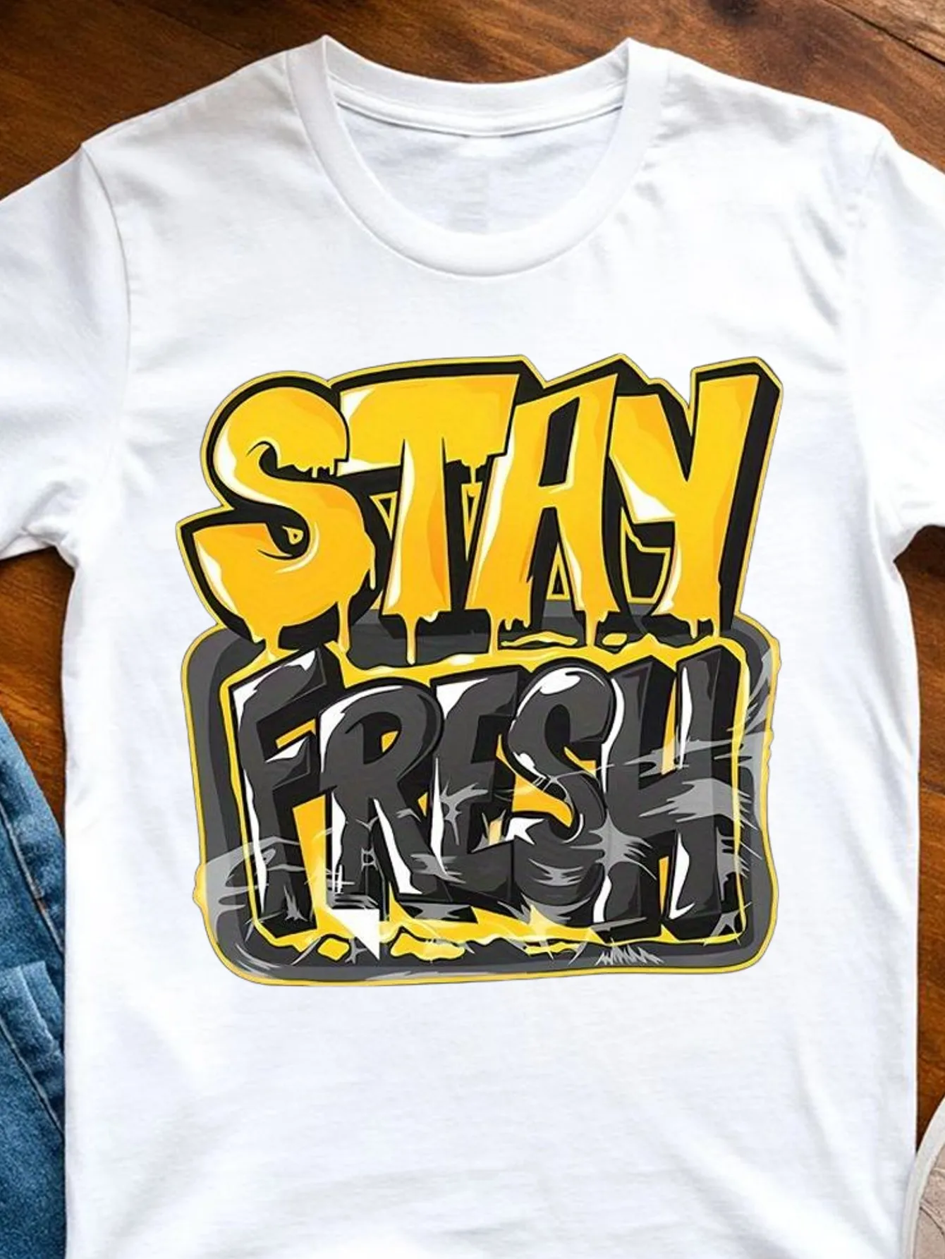 Stay Fresh Men's Printed T-Shirt, Black, Eye-Catching Yellow Graffiti Letter Print, Short Sleeve, Round Neck, Casual Regular Fit, Machine Washable