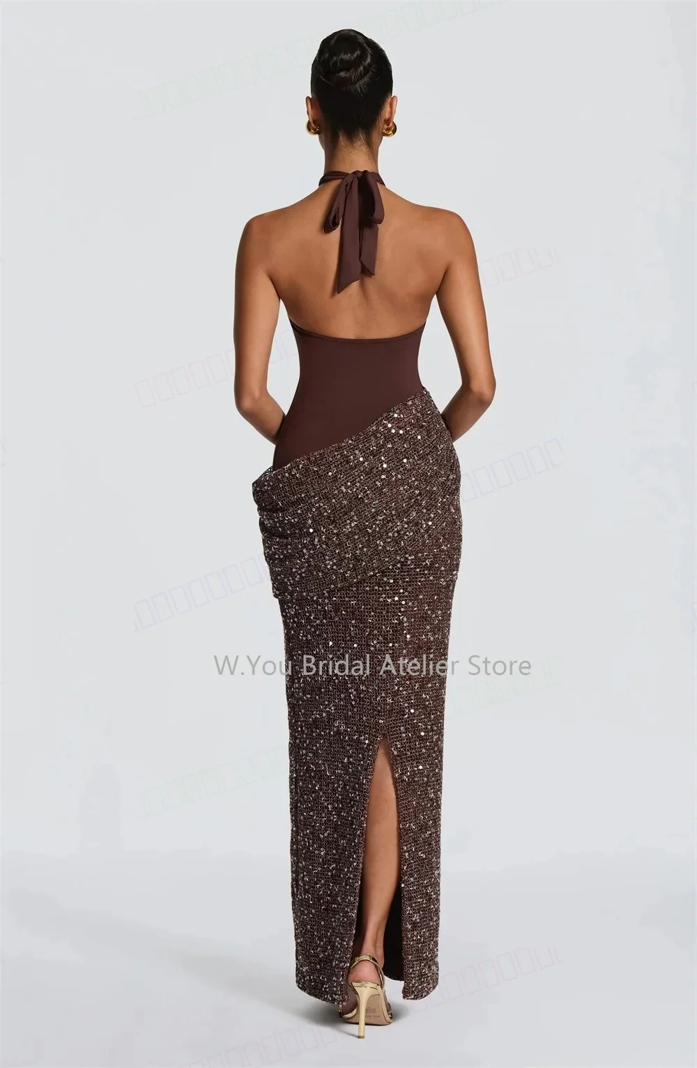 Evening Dresses Halter Neck Keyhole Cutout Back Tie Sequined Wrap Formal Gowns Mermaid Women’s Wedding Prom for Custom Made