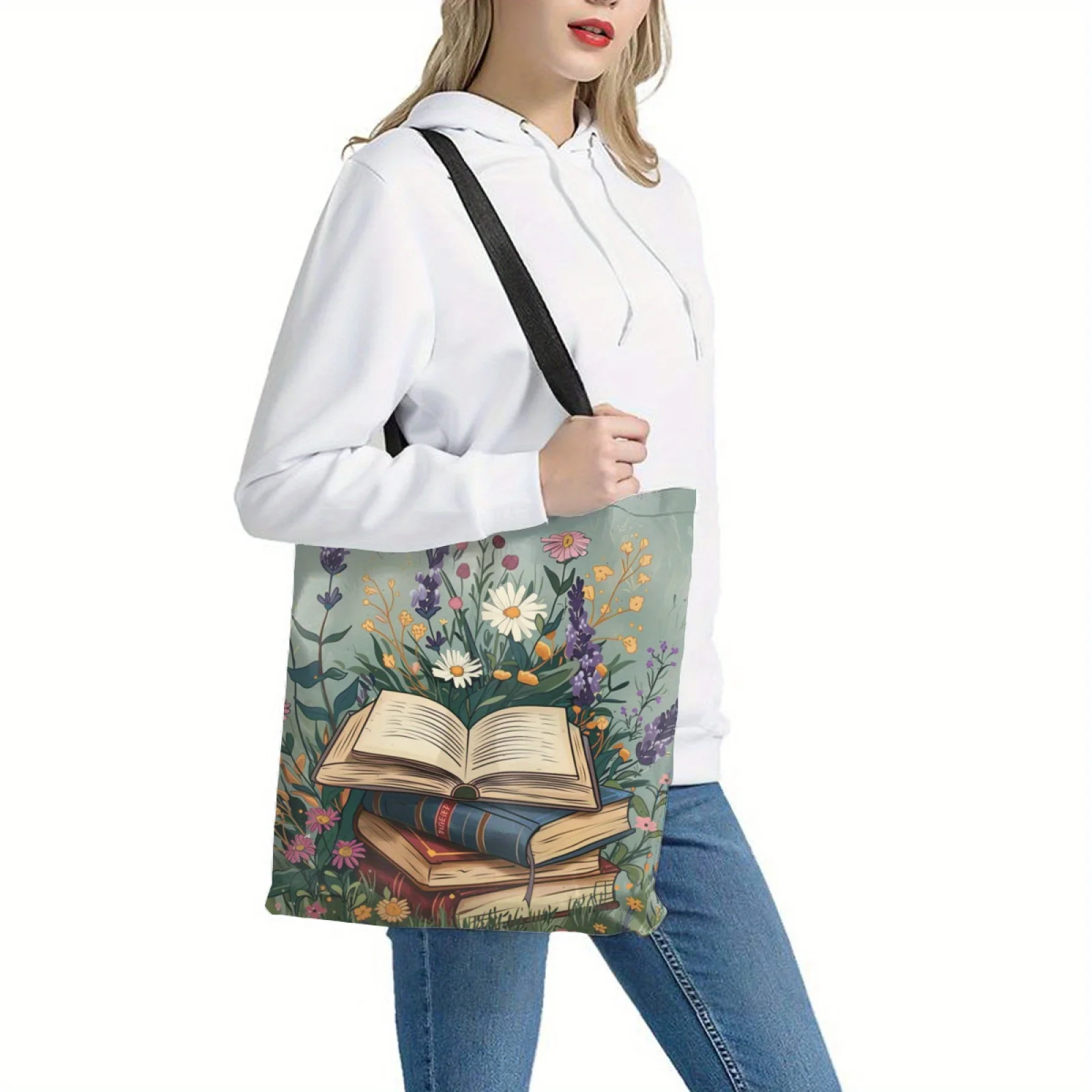 1pc Moonlit Reading Book Themed Tote Bag with Floral Design Aesthetic Reusable Shoulder Bag Portable Shopper for Women Handbag