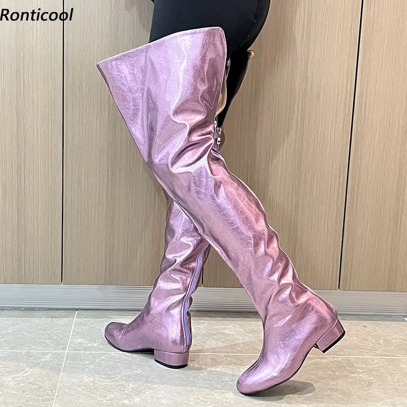 

Ronticool/женские зимние глянцевые ботинки до бедра с молнией сзади на плоской подошве с круглым носком, фиолетовые, серебряные повседневные туфли, размер США, большие размеры 5-20