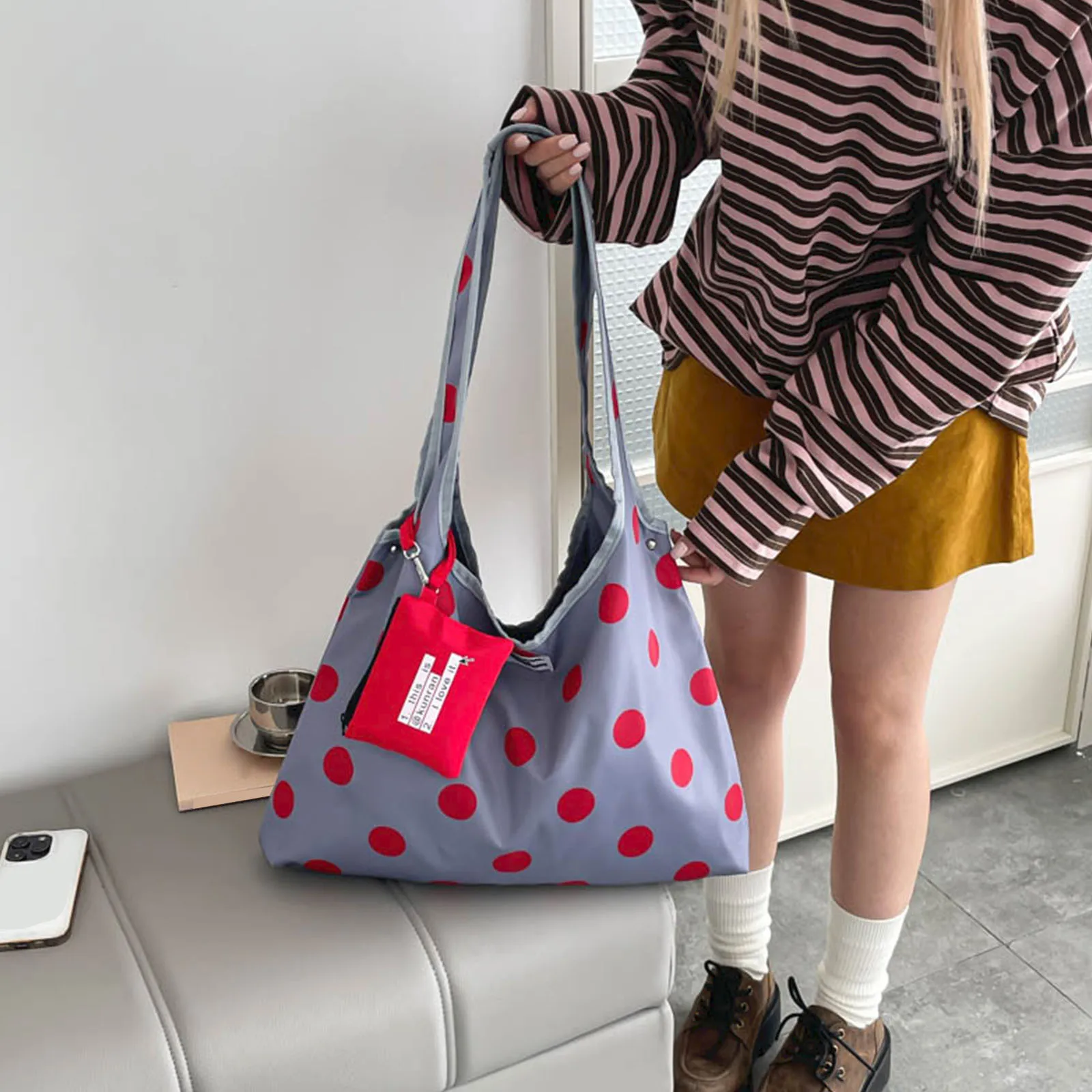 

Women Polka Dot Canvas Large Capacity Casual Tote Bag Vintage Underarm Pouch Fashion Commuting Shoulder Bag for Work Travel