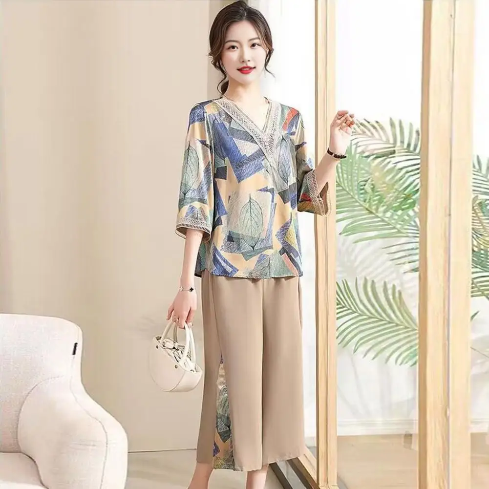 Casual Two-piece Suit Mid-aged Women's Leaf Print T-shirt Trousers Set Stylish V Neck Hollow Out Top with Wide Leg for Daily