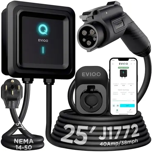 

EVIQO 40A Level 2 EV Charger - NEMA 14-50, 240V, 25ft Cable, WiFi, J1772, IP66, UL/ETL, Indoor/Outdoor