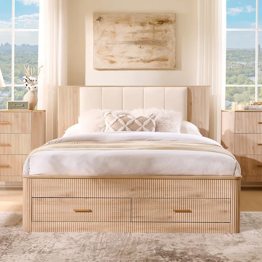 

Full Modern Platform Bed Frame with Storage Drawers & Charging Station, Upholstered Headboard with USB Ports & Outlets, Sturdy W