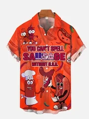 You Can\'t Spell Sausage Without an American Hot Dog Lover Hawaiian Shirt Men\'s Casual Lapel Button Down Shirt