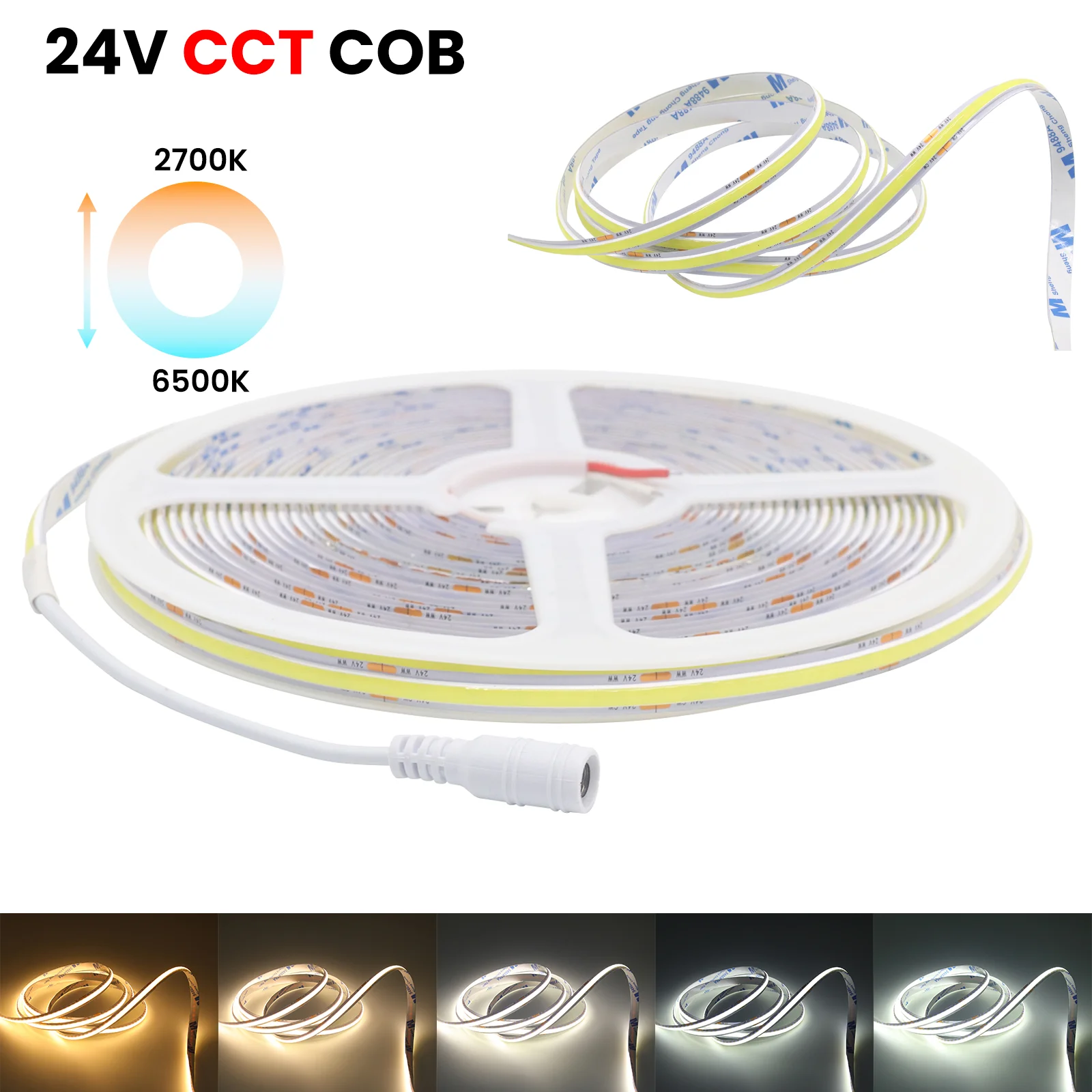 DC24V COB LED Strip Light CCT White/Warm White COB LED Tape 480Leds/m 8MM Flexible Ribbon Rope LED Lights for Room Decor