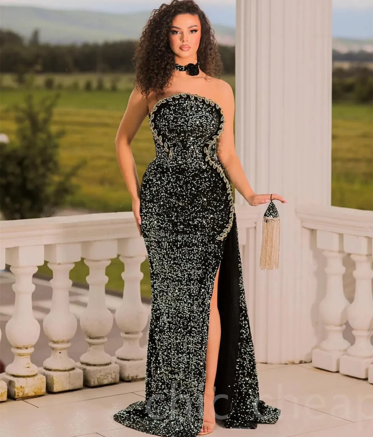 Black African American Prom Dresses Mermaid Strapless Sequins Slit Black Girls Nigeria Robe De Soiree Evening Dresses Gown