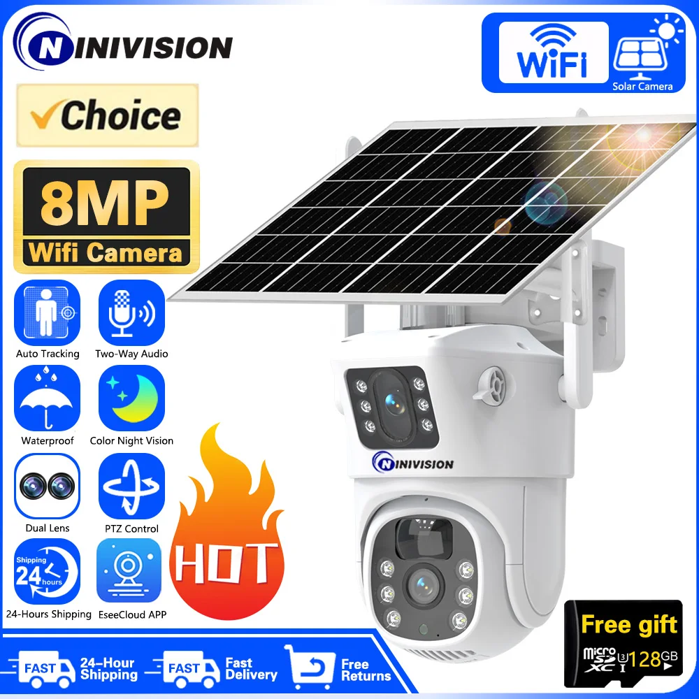 

Solar Cam WIFI Dual Lens 8MP HD Wireless Security CCTV Waterproof Night Vision PIR Human Detect PTZ Home Surveillance Cameras