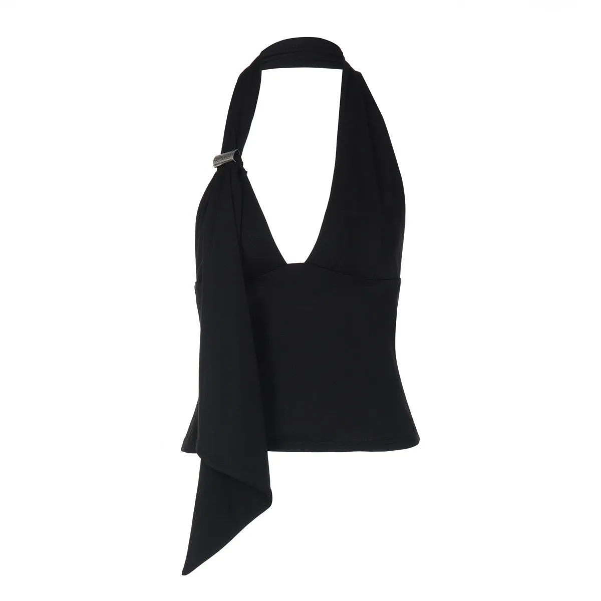 Backless Camisole Crop Solid Black Tank Top Deep V Neck Fixed Strap Sleeveless Top Asymmetrical Drape Metal Clasp Vest Pleated