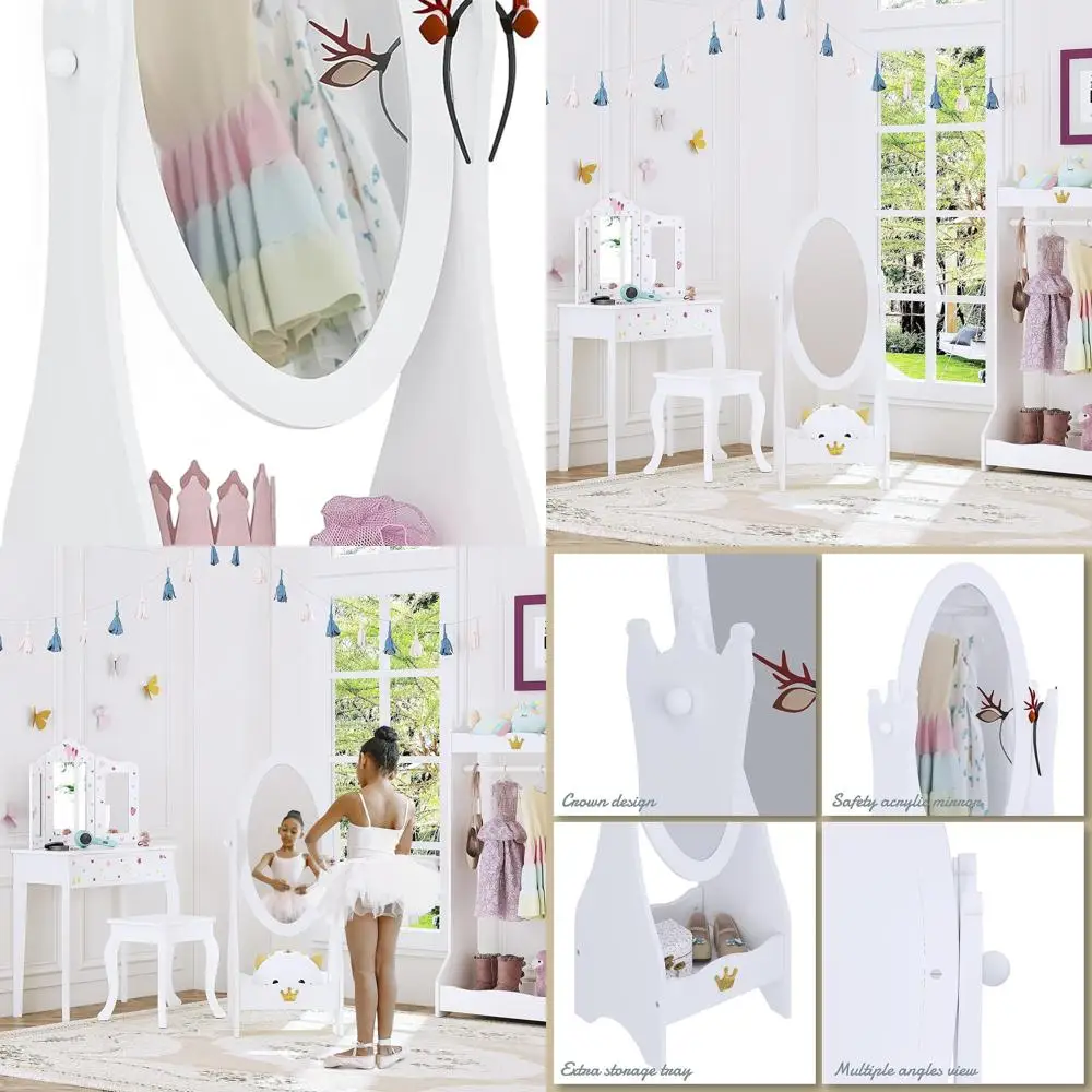 

Adjustable Wooden Dressing Mirror with Storage for Kids, Suitable for Ages 3-7, White