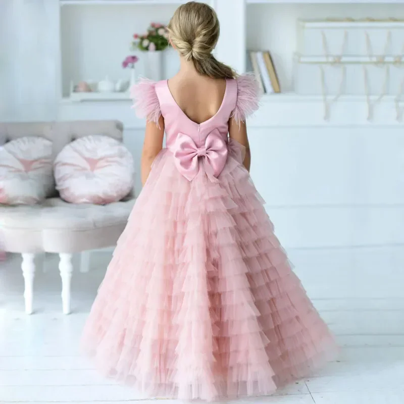 

Pink Satin Tulle Puffy Tiered With Bow Sleeveless For Wedding Birthday Banquet Holy Communion Gown Customized Flower Girl Dress