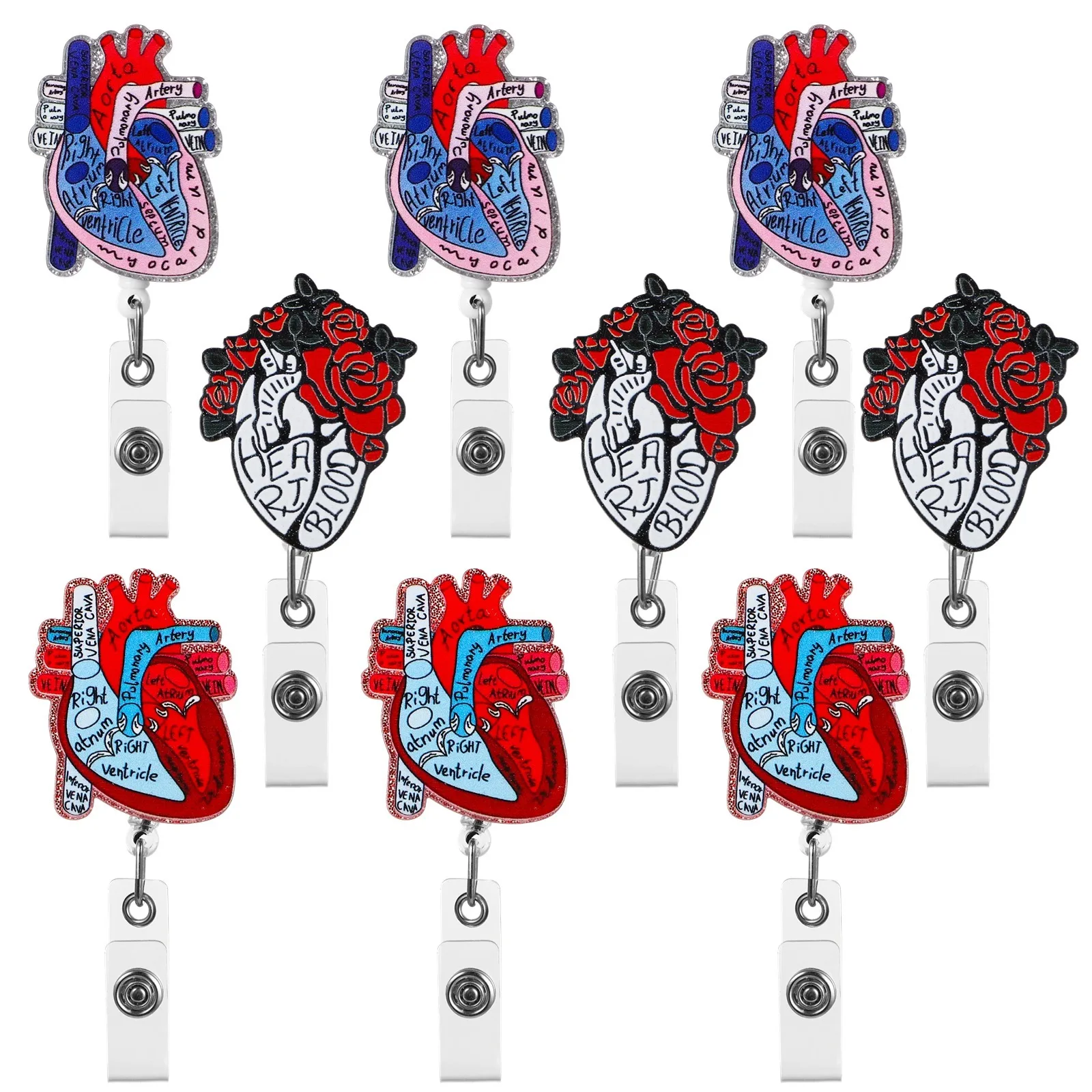 9Pcs Cardiac Badge Holders Heart Retractable Phlebotomy Badge Reel Holders Nurse Clips Nursing Name Tag Clips Badge Accessories