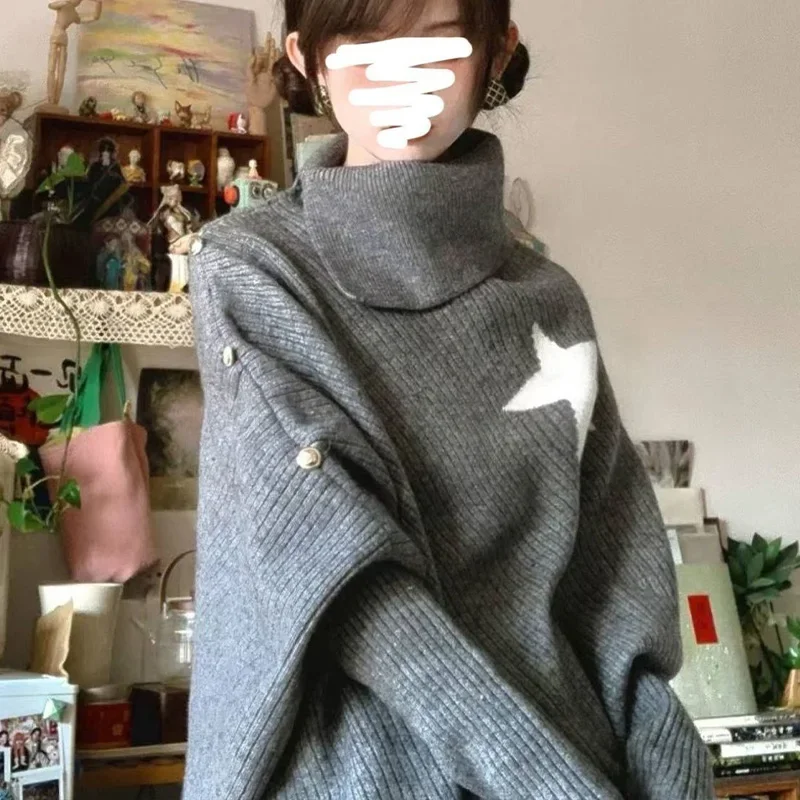 

Женская одежда, пуловер нестандартной формы с высоким воротником, свитер для женщин, осень-зима, ленивый стиль, свободный модный вязаный топ с рукавами «летучая мышь»