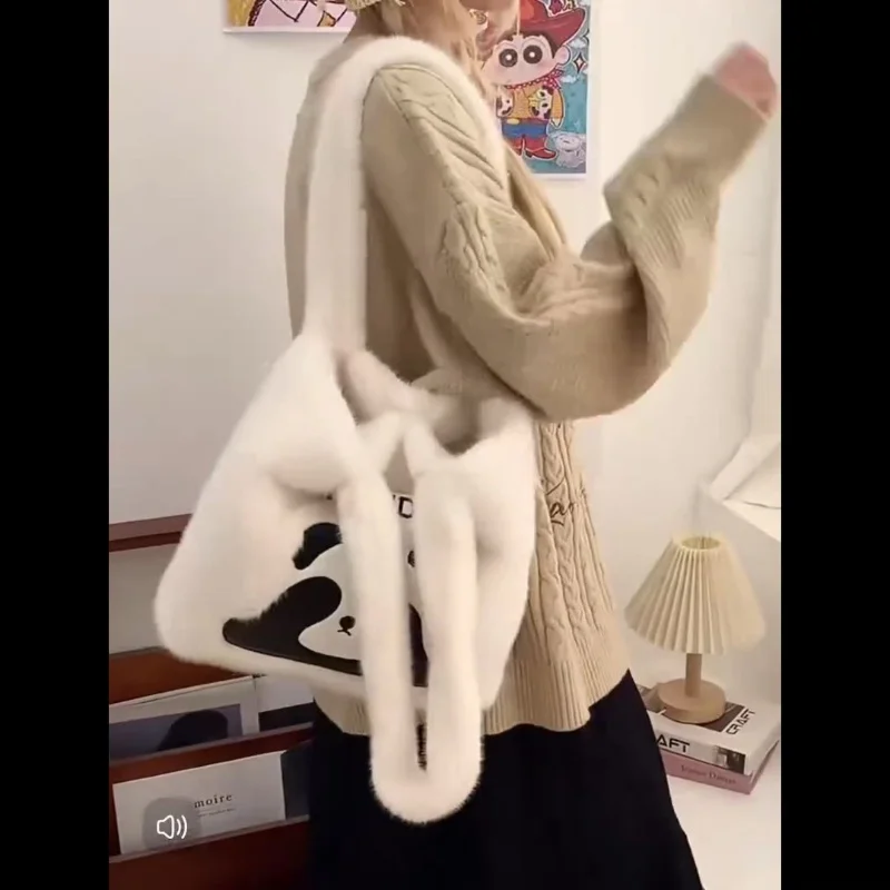 Plush Panda Tote Bag for Women Large Capacity Crossbody Bag Kawaii Coin Purses Shoulder Bags Girls Soft Underarm Bags