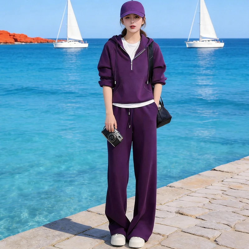 

Dopamine Spring Casual Sportswear Set Women's Purple Hoodie Wide Leg Pants Two Piece Set High Waist Comfortable Loose Fit