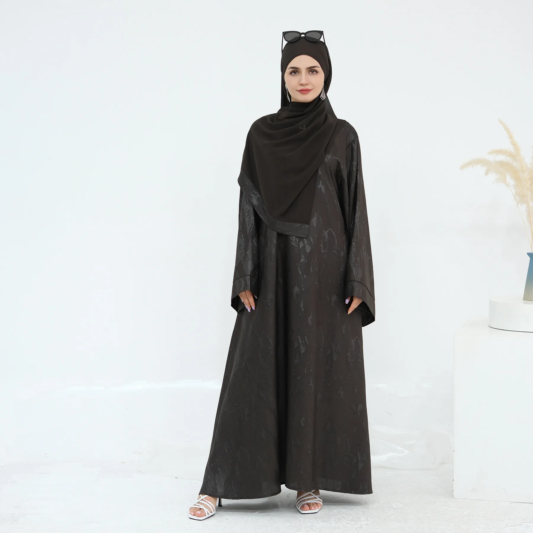 Mode musulmane 2 pièces robe écharpe ensemble femmes lisse Jacquard caftan robe grande taille Abaya Hijab ensembles musulman islamique vêtements costume