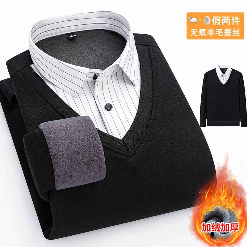 New men's long-sleeved shirt with silk and wool fleece and thickened, is of high quality, comfortable and soft for casual winter