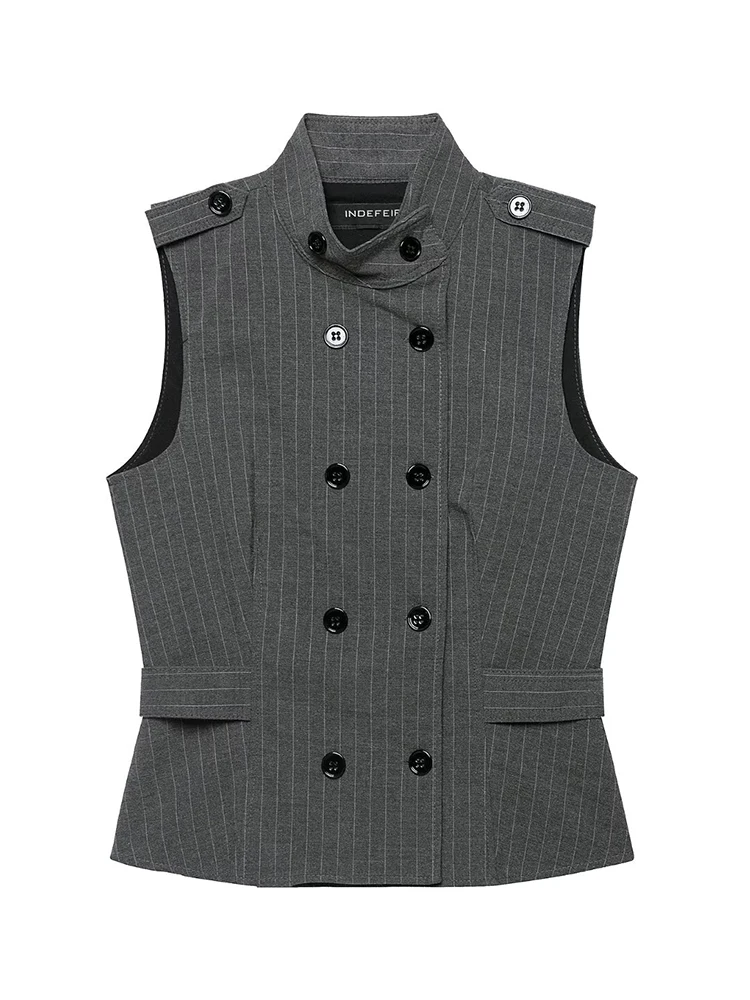 HH Women Tailored Waistcoat Autumn 2026 Grey Pinstripe Double Breasted Stand Collar Fitted Vest Elegant Office Business Casual
