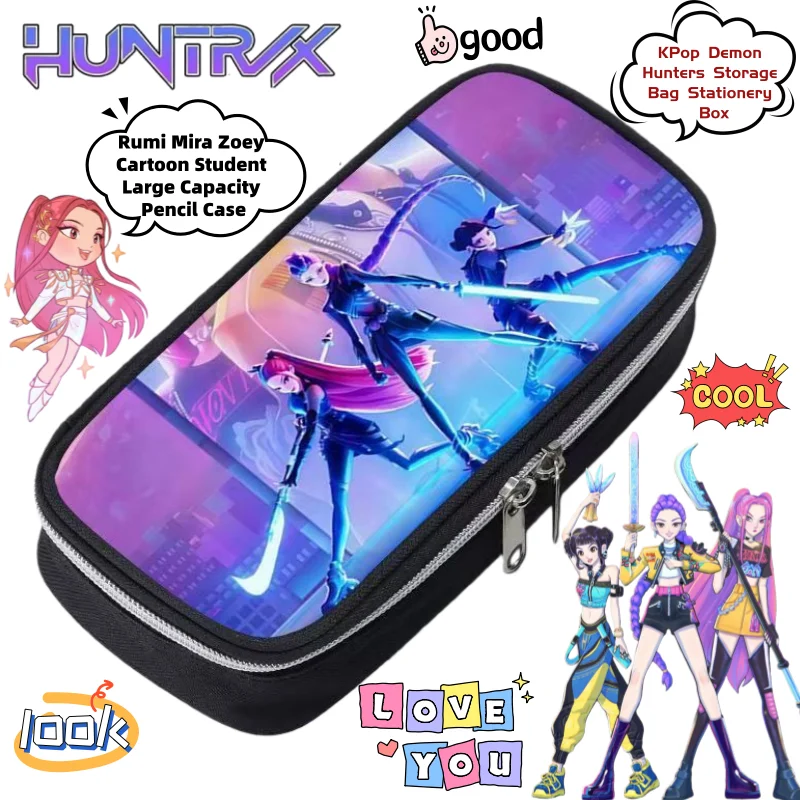 KPop Demon Hunters Rumi Mira Zoey Creative Cartoon Large Capacity Pencil Bag Animation Surrounding Student Stationery Box Gift