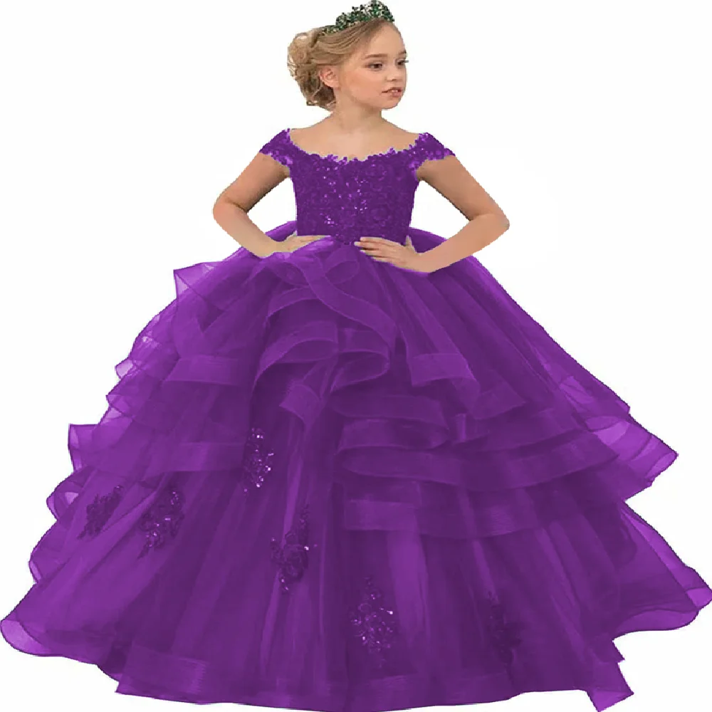 Purple Appliqué Colher Collar Pageant para Baby Ruffles Tulle Flower Girl Dress Para Casamento Princesa Primeira Comunhão Kids Gifts