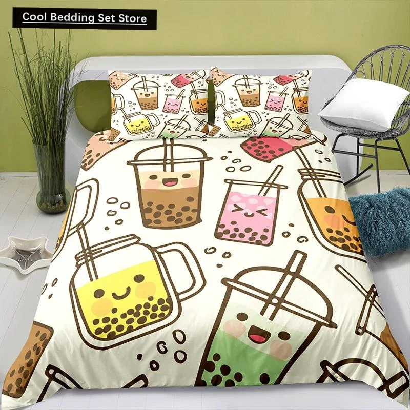 

Lovely Cartoon Food King Queen Duvet Cover Pearl Milk Tea Bedding Set Kids Teens Adults Dessert Fries Cola Polyester Quilt Cover