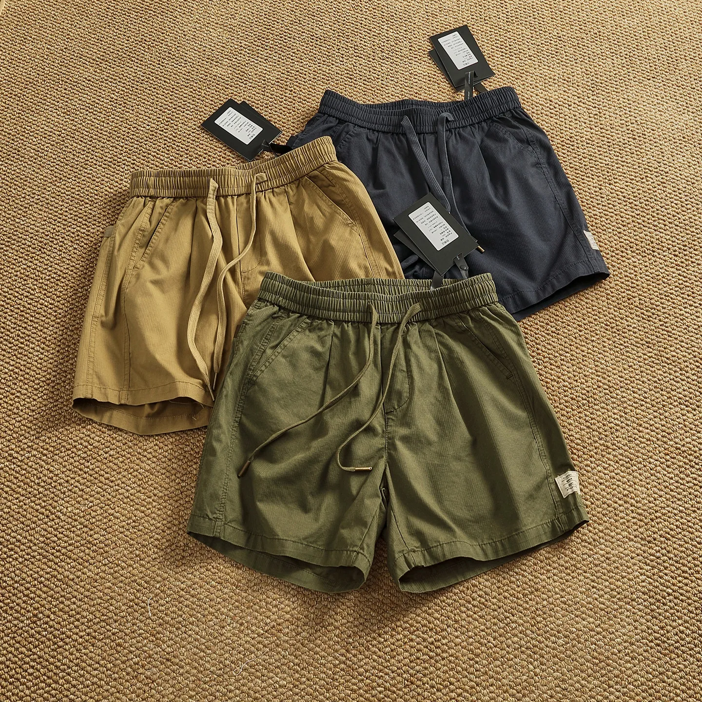 

Summer new style Japanese retro workwear elastic drawstring waist casual sports quarter pants