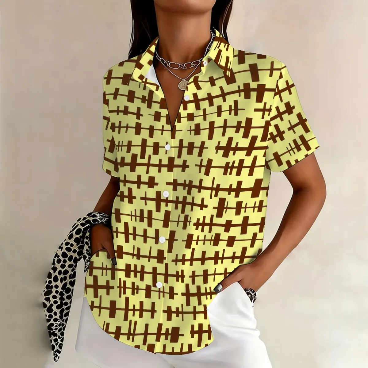 

Женская летняя рубашка больших размеров с коротким рукавом, с ретро-художественной текстурой, подходит для делового повседневного стиля и культурных мероприятий, модная одежда