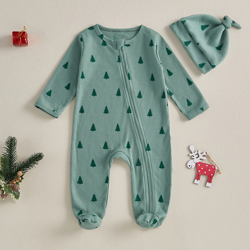 0-12M Baby Girl Boy 2 Piece Christmas Outfit Set Christmas Tree All-over Print Long Sleeve Zip-Up Footed Romper + Knot Hat