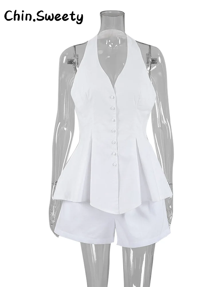 Casual halter plissado camisa shorts define feminino sólido sem mangas único breasted topos cintura baixa curto 2025 verão senhora streetwear