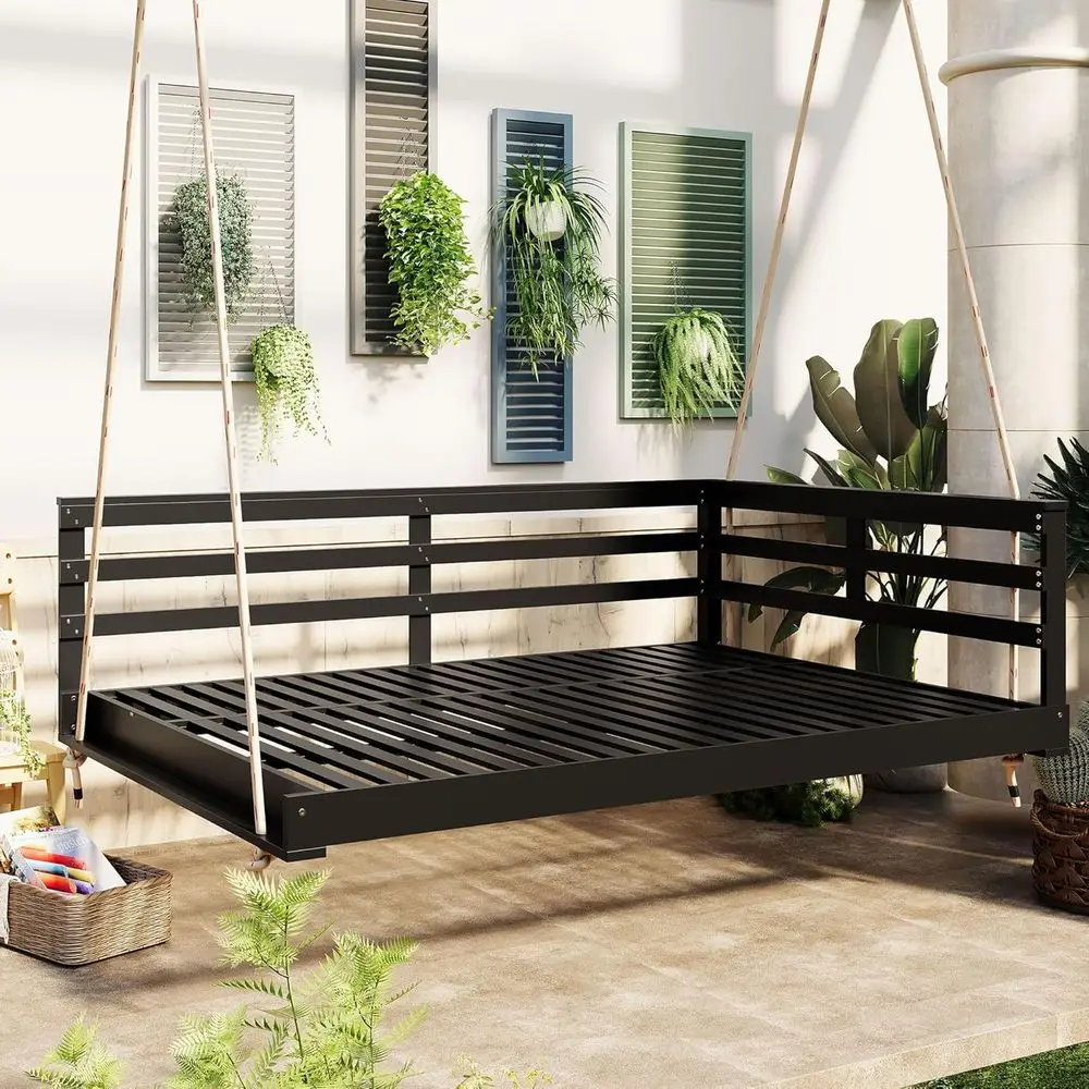 

Full-Size Acacia Wood Outdoor Swing Bed with Hemp Ropes, 350lbs Weight Capacity, Open-Side Patio Hanging Bed for Garden and Back
