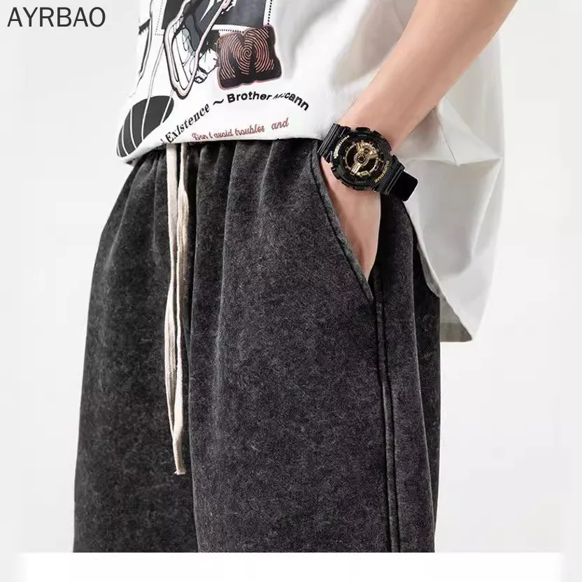 

Мужские шорты из плотного хлопка 300 г, с эффектом потертости, в американском уличном стиле, свободные повседневные шорты-бермуды из хлопка для мужчин