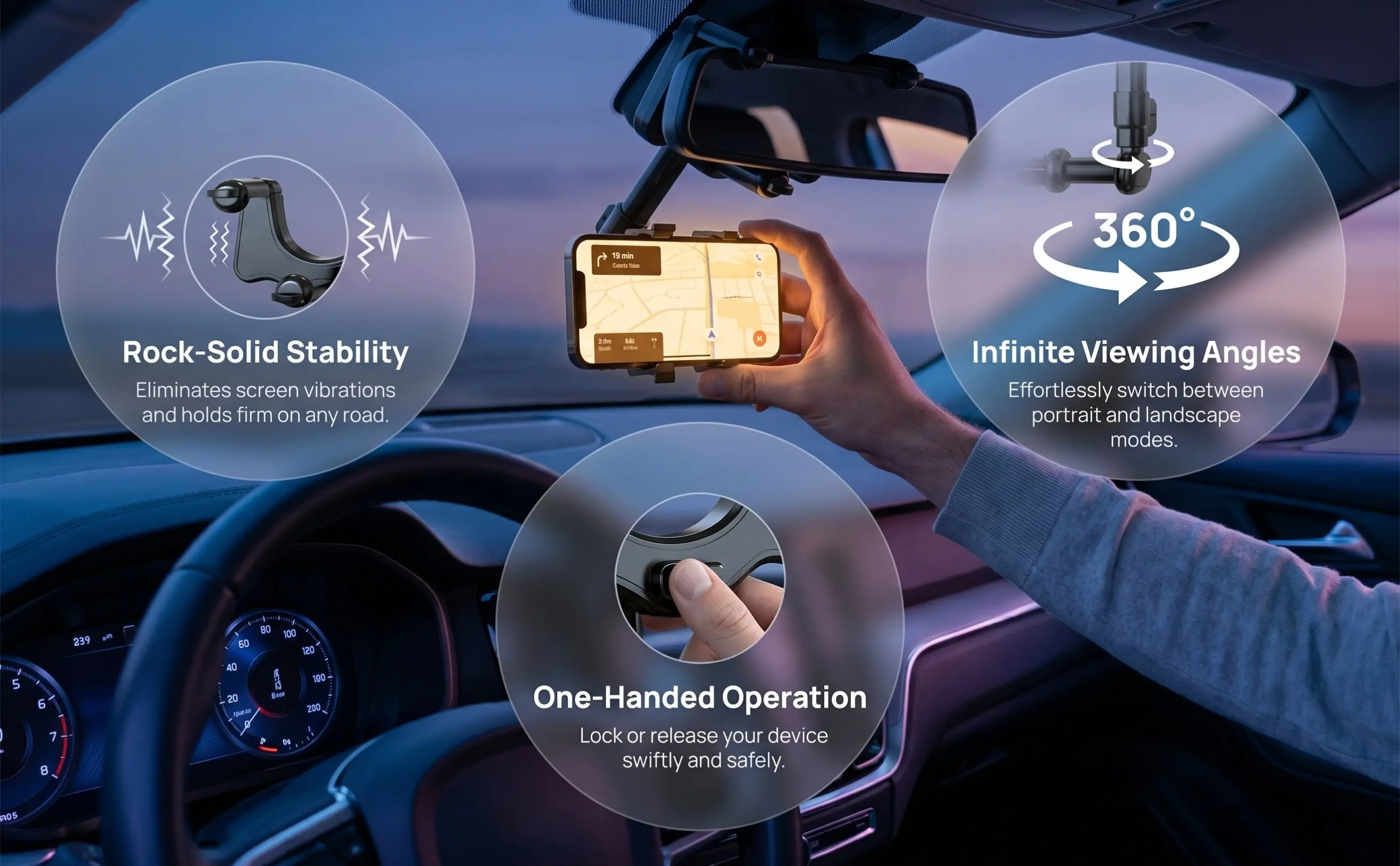 Car Rearview Mirror Phone Holder 360 Degree Rotatable Adjustable Grip Mount for Smartphone Easy Install Remove Stable Driving