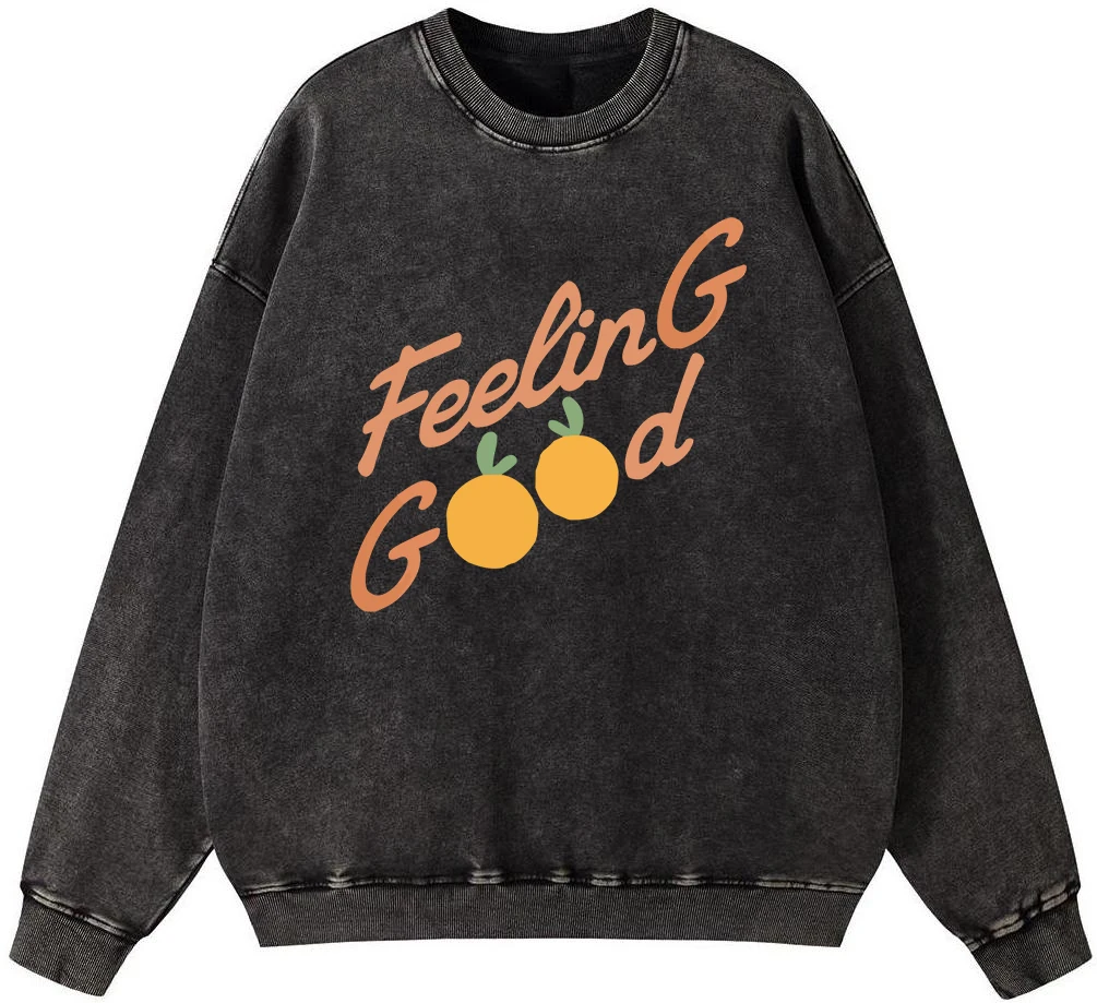 

Feeling Good Creative Alphabet Print Womans Vintage Washed Cotton Sweatshirt Vintage Crewneck Pullover Autumn Oversize Hoodie