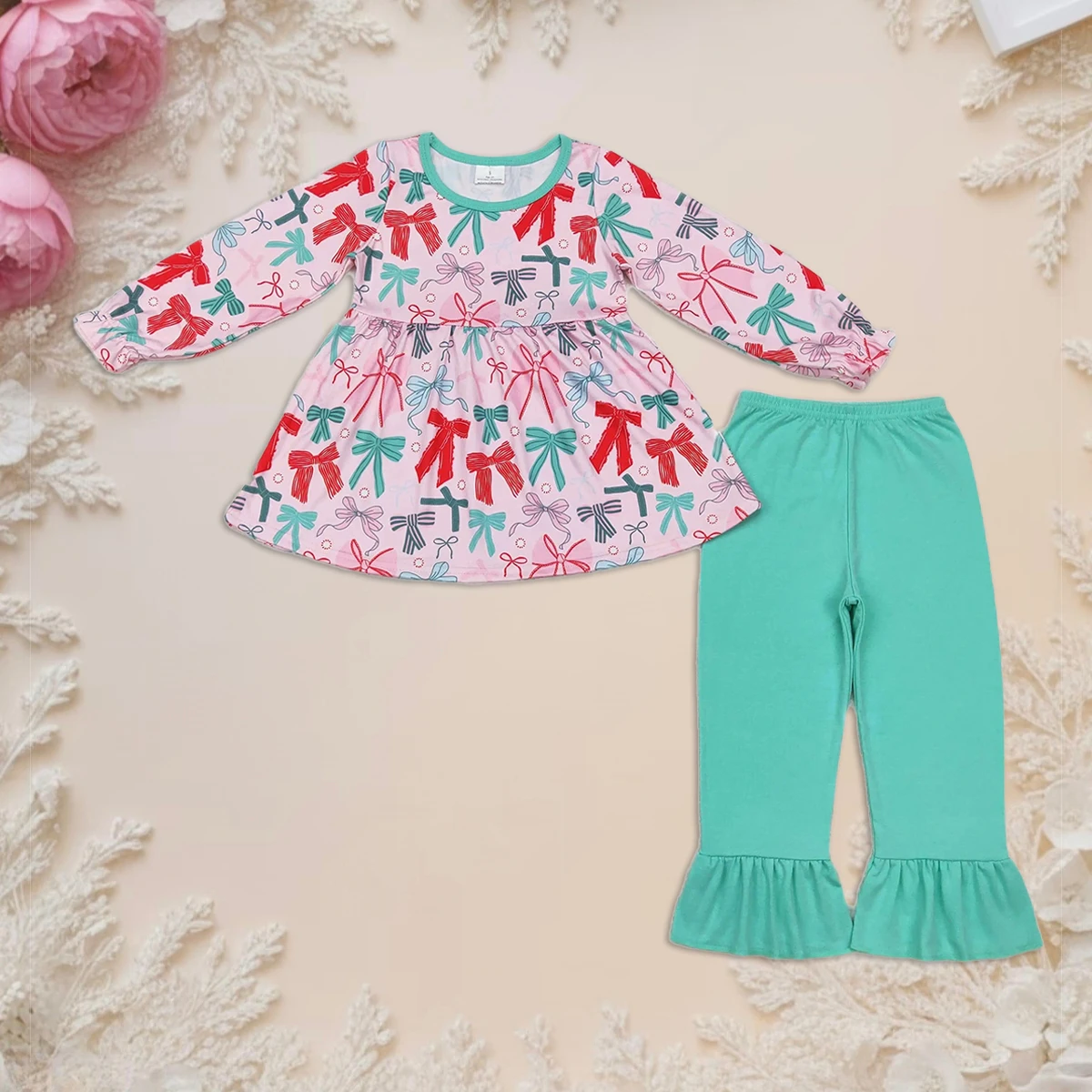 

Baby Girl Halloween Christmas Outfit Set Long Sleeve Bow Tops Kids Floral Blue Cotton Pants Wholesale Toddler Children Clothing