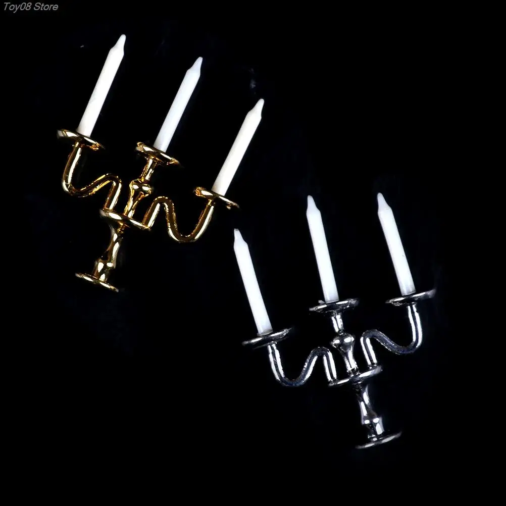 1:12 Scale 1pc 3-arm Miniature Candlesticks Candelabra Dollhouse White Candles Furniture Toy Pretend Play Doll House Accessories