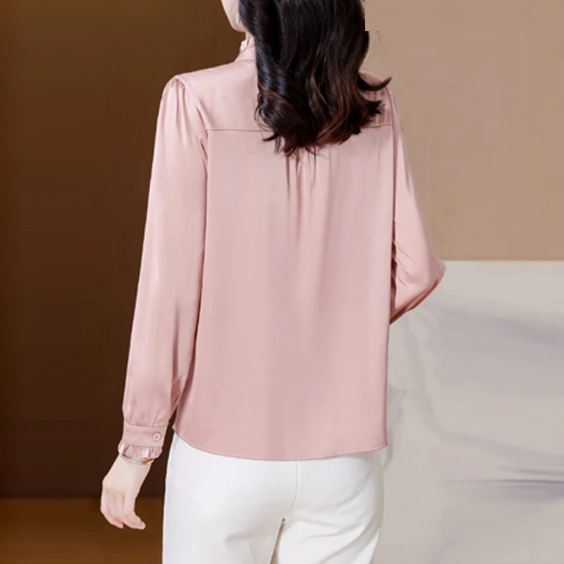 Camicie in raso a maniche lunghe con volant stile cinese Donna Office Lady Camicette solide Top basic Blusas Mujer De Moda 2025