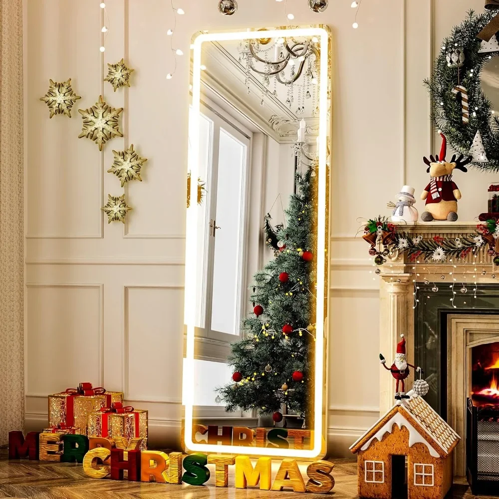 Miroir pleine longueur LED 64" x 21" avec lumières, mural ou sur pied pour chambre à coucher, salon, salle de bain