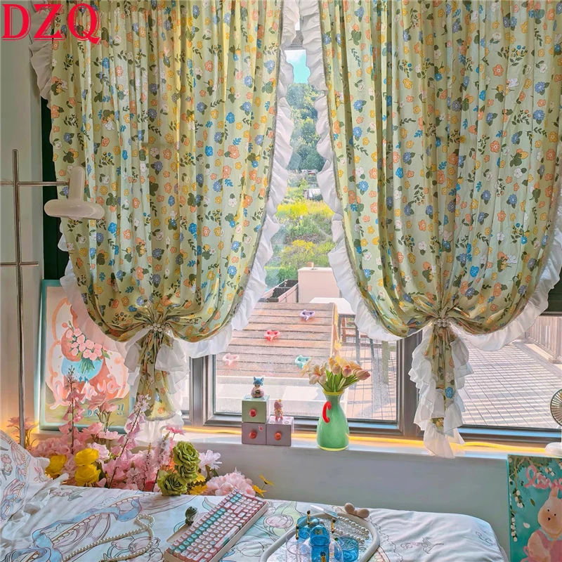 

Retro Green Floral Door Curtains for Living Room Idyllic American Rural Style Kitchen Ruffled Lace Curtains for Home Decor #A681