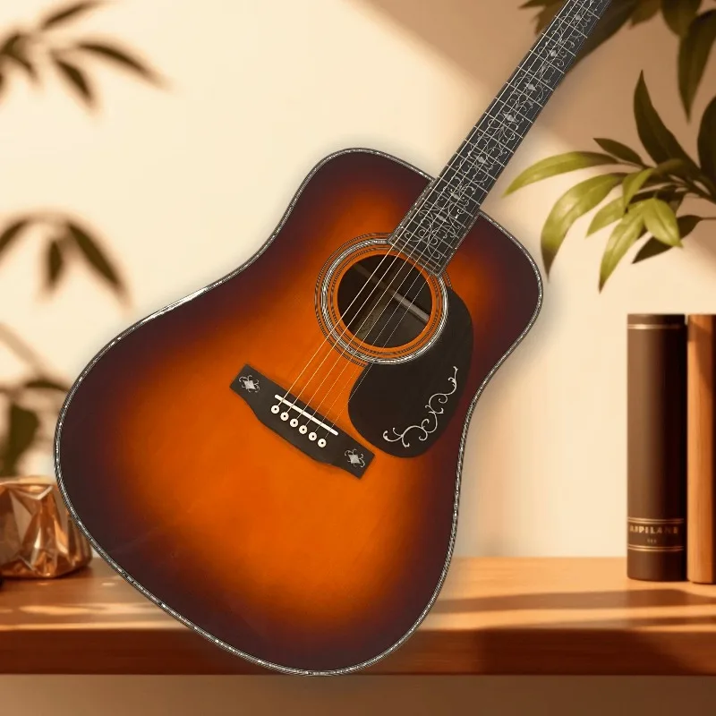 41inch D451933 Acoustic Guitar Sunburst Glossy Finish Folk Guitar with Abalone Shell Inlay for Beginner Intermediate Player