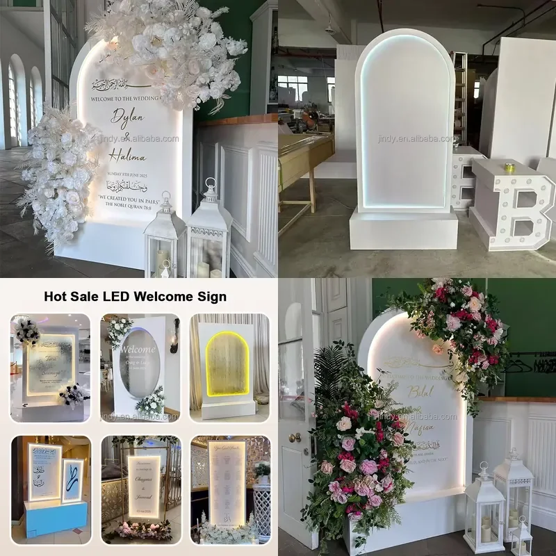 New product arrival, party decoration, acrylic LED welcome board, vaulted wedding background, welcome sign rack.