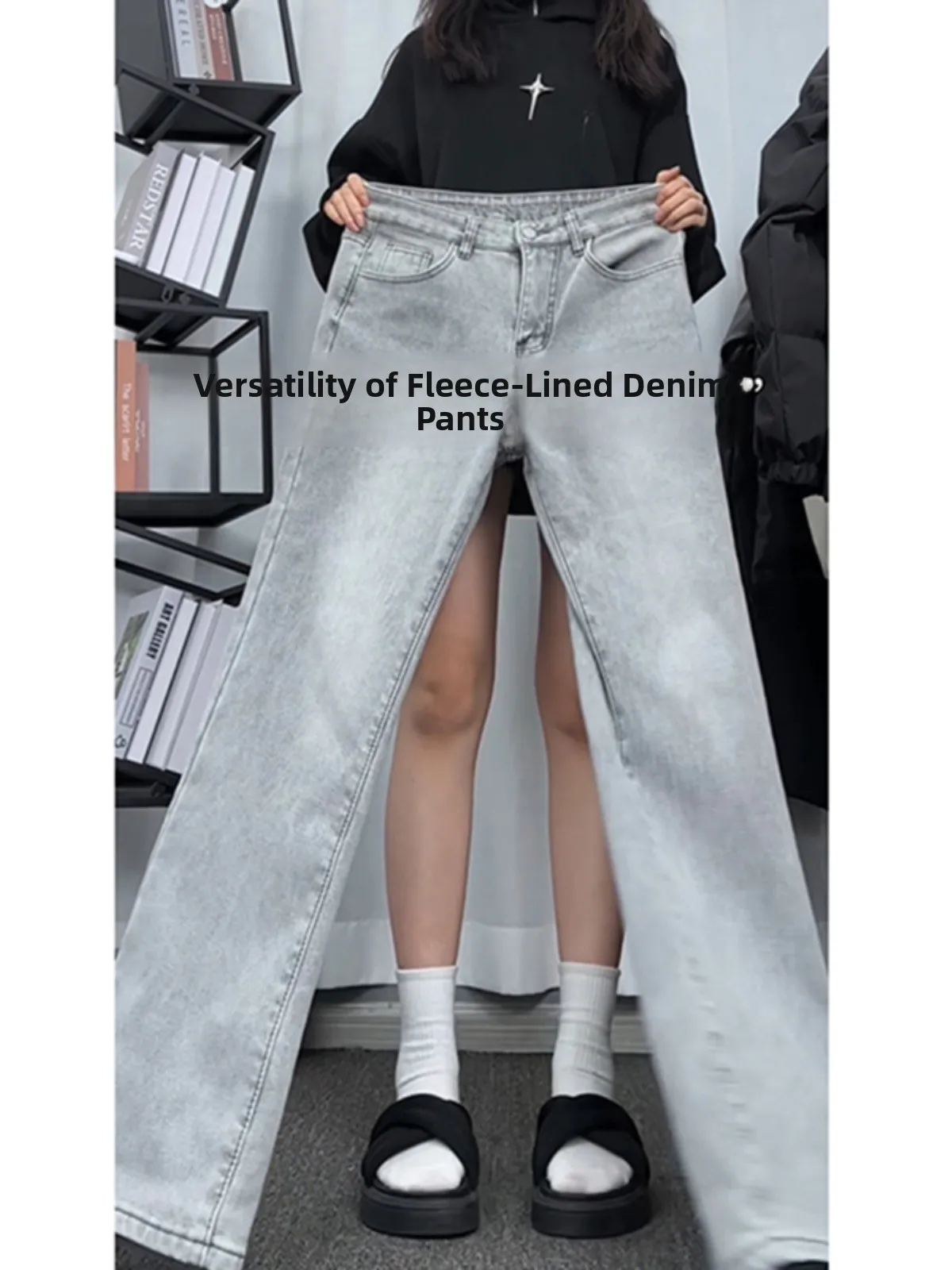 

Trendy Men's Fce Lined Belted Straight Leg Jeans High Street Long Leg Effect American Vibe Winter Wear Casual Straight Jeans