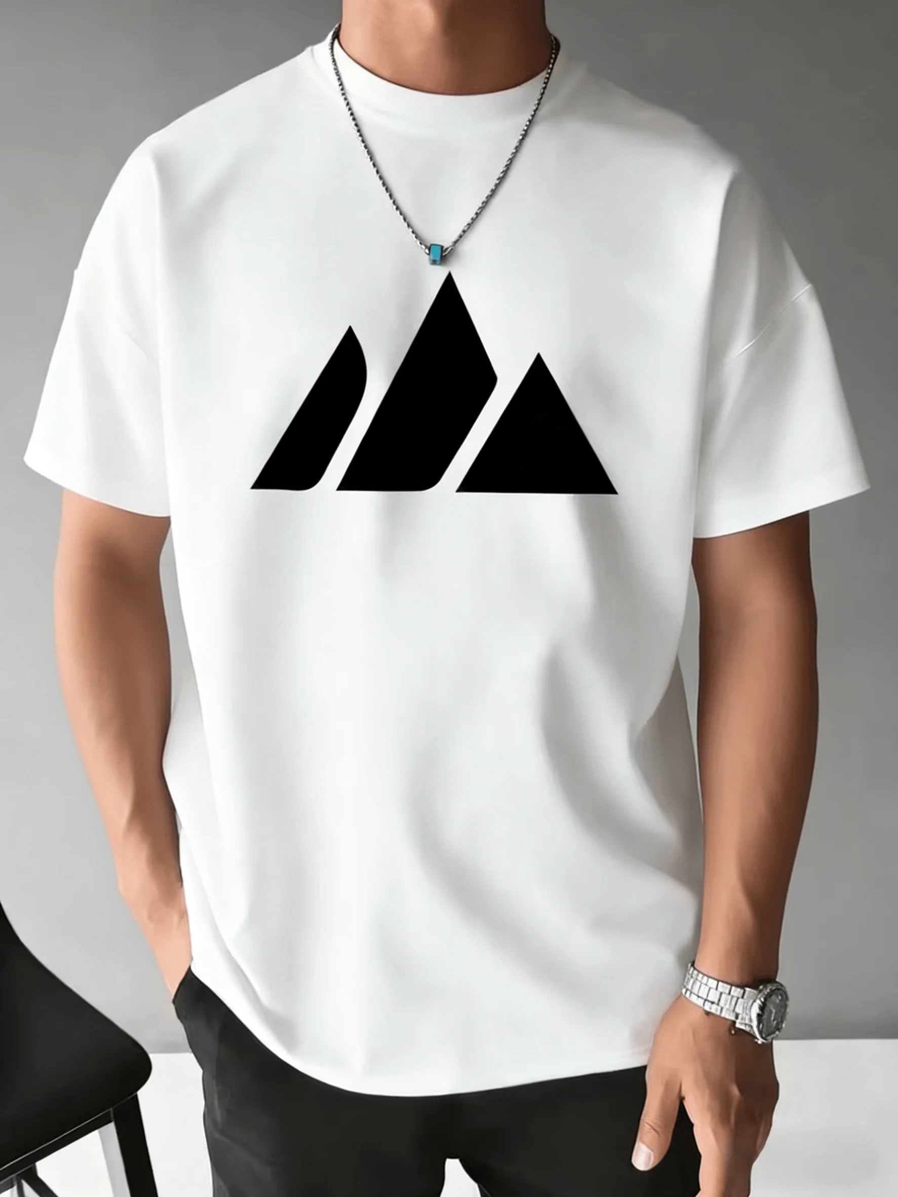 Unisex 100% Cotton T-Shirt with Classic Triangle Logo, Crew Neck, Simple Stylish Casual Summer Wear for Men and Women