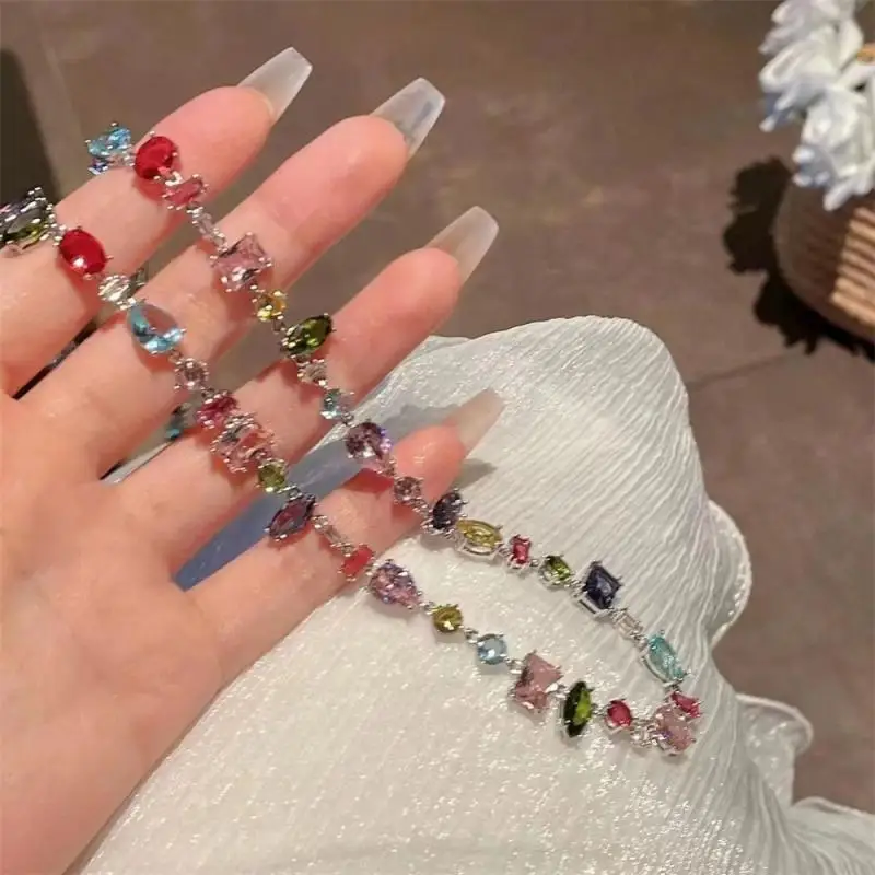 New Colorful Crystal Necklace For Women Bead Bracelet Chain Elegant Clavicle Chain Wedding Party Jewelry Sets Gifts