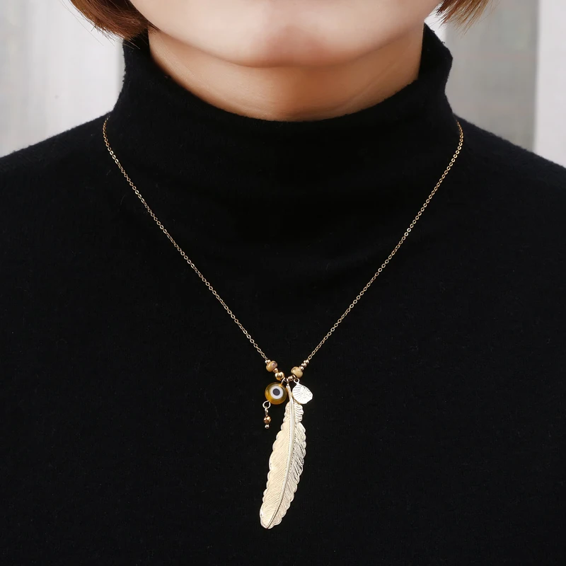 New Fashion Jewelry Women's Gift Indian Multicolor Devil's Eye Metal Feather High Quality 18k Gold Plated Charm Necklace Pendant