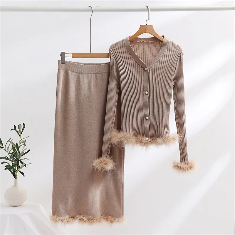 Elegant Faux Fur Knit Two Piece Skirt Set Women 2 Piece Ribbed Cardigan Dress Sets Winter Knitted Two Piece Women Sets 2024