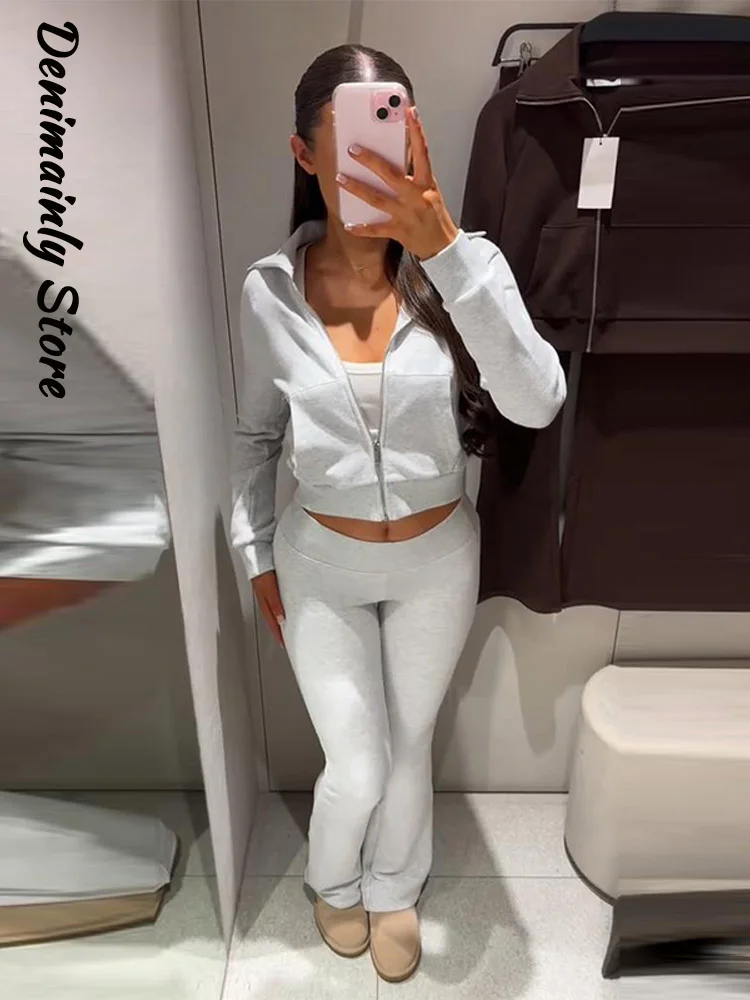 

Casual Women's Two Piece Set Zip Up Cropped Collar Jacket Wide Leg Pants Solid Suit 2026 Spring Lady Loungewear Outfit New